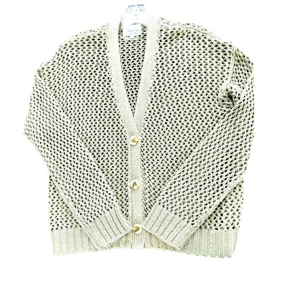 Stone & Sky Open Knit Cardigan Women's Sz L Tan/Gold Button up Long Sleeve - Picture 4 of 10